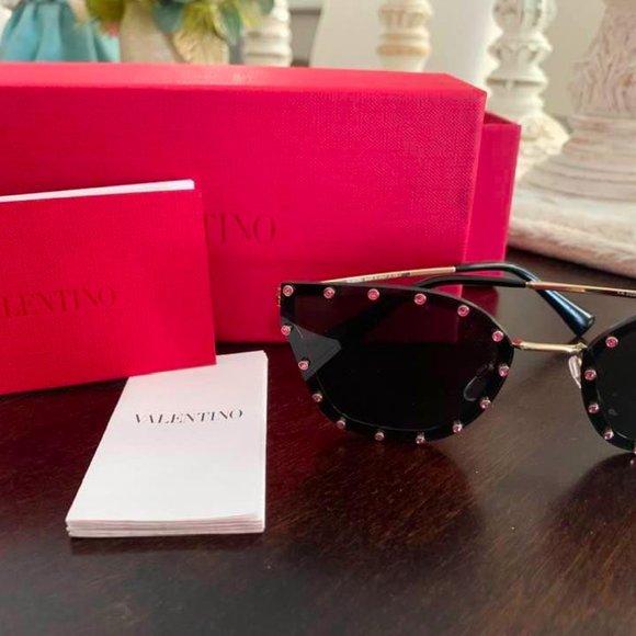 VALENTINO CRYSTAL STUDDED CAT-EYE METAL SUNGLASSES